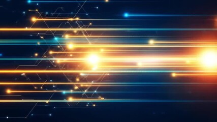 High speed glowing orange and blue light streaks moving horizontally. Perfect for fiber optic and fast data concepts