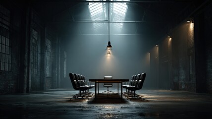 surreal interior, abandoned industrial warehouse with a modern conference table and chairs set up under dramatic lighting, business team in discussion, cinematic, photorealistic