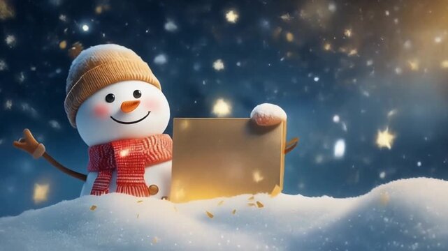 Festive Snowman with Blank Sign in Winter Wonderland.