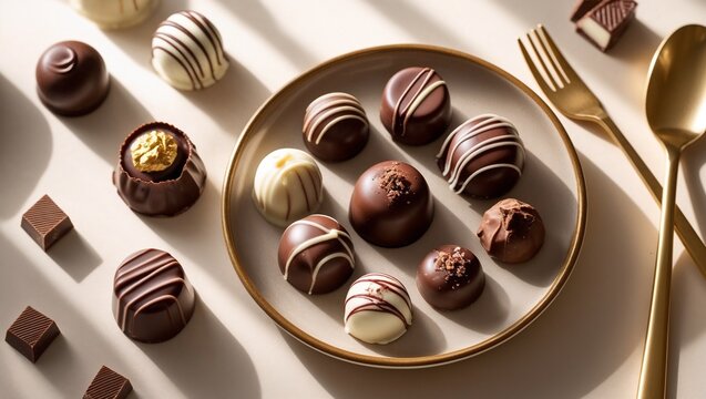 Assorted gourmet chocolates on elegant plate in warm light - Powered by Adobe