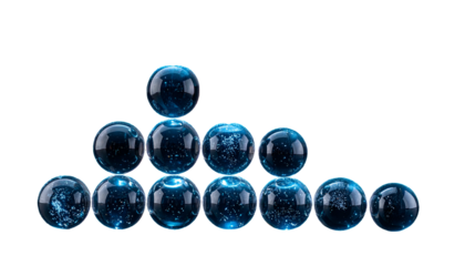 A pyramid arrangement of glowing, transparent spheres against a black background