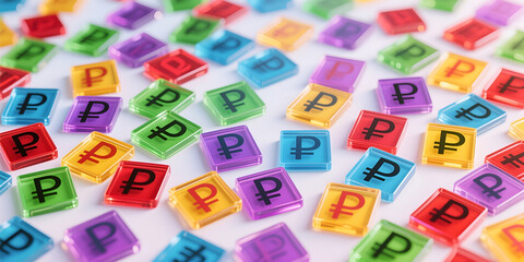 Tessere in materiale colorato trasparente con inciso il simbolo della moneta della Federazione Russa, Rublo