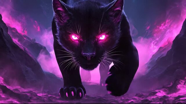 A fierce black panther with glowing eyes in a mystical, colorful environment.