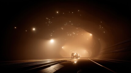 Tunnel Interior Illuminated By Artificial Lights Creating Atmospheric Perspective and Dim Environment