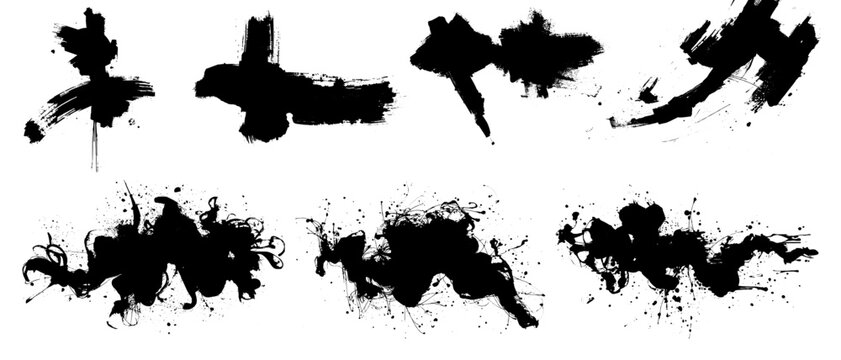 Collection of vector paint strokes, splashes, and streaks. Sketchy bold lines. Black ink brush strokes and banners with grunge effect