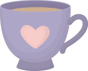 Purple cup with pink heart isolated on white. Cute illustration of drink in mug with romantic designs.