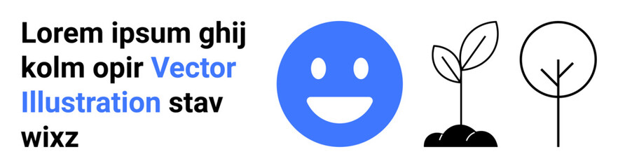 Fototapeta premium Happiness, eco-friendly concepts, sustainability, growth, environmental awareness, positive vibes. Blue happy face, black seedlings and tree icons in a minimalist style. Happiness and eco-friendly