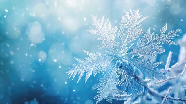 Stunning single snowflake with intricate patterns and detail against a softly blurred snowy backdrop.