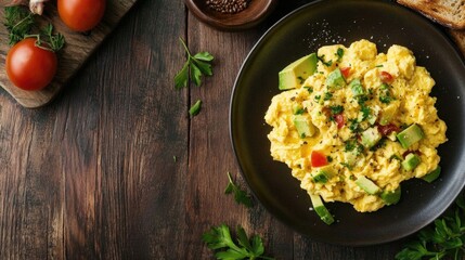 Delicious scrambled eggs with avocado and whole grain toast served on a rustic wooden table with fresh tomatoes and herbs.
