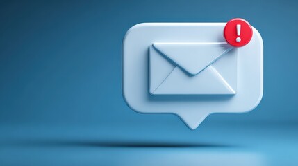 White 3D Envelope Icon with Exclamation Point on Blue Background