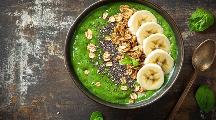Delicious smoothie bowl topped with banana slices, granola, and chia seeds on a rustic wooden table