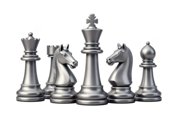 Silver Chess Pieces Including King, Queen, and Knights