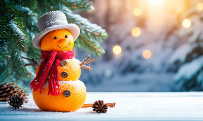 A cute snowman wearing a hat made of fresh tangerines against a winter landscape. Christmas card.