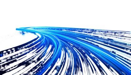 Abstract digital highway with bright blue light trails on a dark background