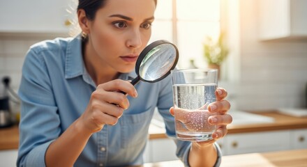 Woman examining water quality with magnifying glass