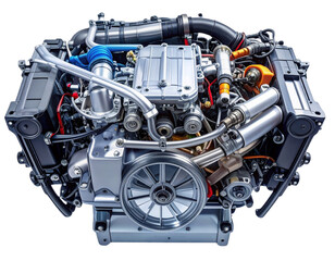 Fototapeta premium Top-Down View of Transparent Car Engine with Wiring and Tubing Visible, Isolated on Transparent Background.