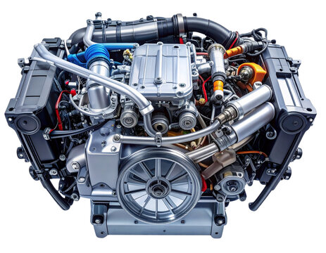 Top-Down View of Transparent Car Engine with Wiring and Tubing Visible, Isolated on Transparent Background.