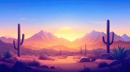 Desert landscape with cacti and mountains under a bright blue sky during the golden hour in a serene natural environment