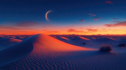 Desert landscape with sand dunes stretching towards the horizon, illuminated by the soft light of a crescent moon