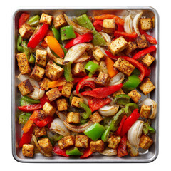 Overhead shot of a delicious sheet pan dinner featuring crispy, seasoned tofu cubes roasted with colorful red, green, and orange bell peppers and sliced white onions.
