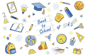 Hand Drawn Back to School Illustration Set with Education Icons and Doodles in Playful Childlike Vector Style