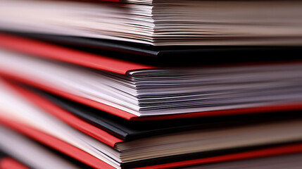 Stack of file folders, documents, and papers in red and black. Office paperwork is stacked high for records keeping. The stack represents business archives and efficiency.