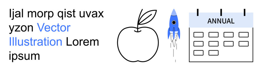 Education, planning, creativity, design, scheduling, space exploration. Features an apple, a blue rocket and an annual calendar. Education and planning-themed visual composition