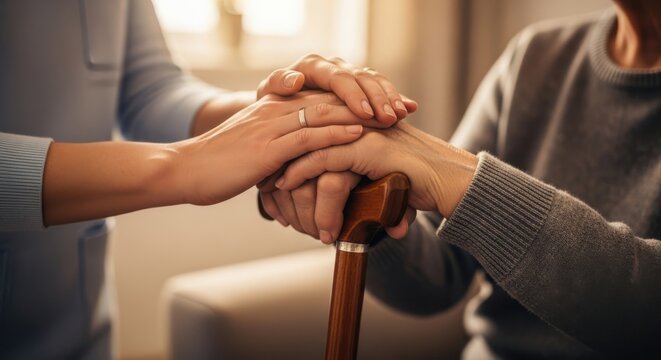 Caring hands supporting elderly person with walking stick