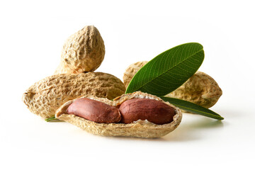 Macro detail of peanuts with open peanut showing grains isolated