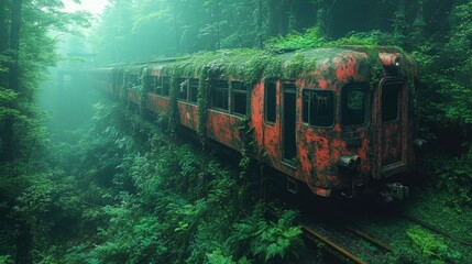 Desolate forest railroad scene with crumbling, rusty train remnants lying amidst wild overgrowth, leading to a distant derelict station.