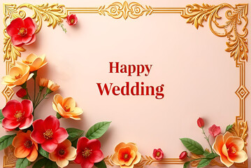 Elegant Happy Wedding Invitation Card: Ornate Golden Filigree Frame Surrounding Bold Script Text with Layered Papercut Red Roses, Orange Marigold Blooms, Green Leaves on Soft Beige Background