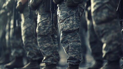 Detail shot with american soldiers in military standing position during ceremony