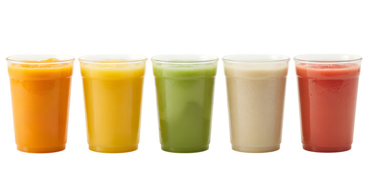 Five Colorful Smoothies in Plastic Cups on White Background - Powered by Adobe