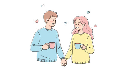 Coffee Date's Intimate Moments: An illustration showcases a happy couple, immersed in a moment of connection during a coffee date. Their clasped hands and shared smiles convey warmth and affection.
