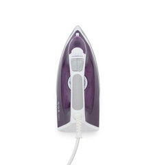 Top view Purple electric iron placed on a clean white background