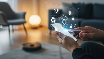 Person using smartphone controlling smart home devices