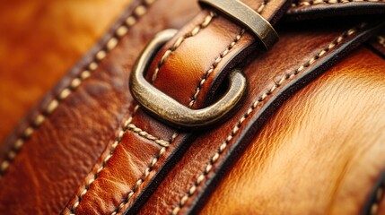 Detailed close-up of a classic leather bag showcasing its stitching and hardware in warm lighting