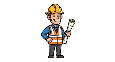 Fototapeta premium Cartoon construction worker wearing a hard hat and safety vest holding blueprints, illustration of a builder on a white background