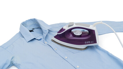 beside view of a purple electric iron placed on a light blue shirt while ironing