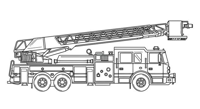 Line drawing illustration of a fire truck with a ladder extended, representing emergency services and fire fighting equipment