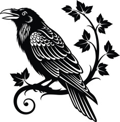Obraz premium Raven on Branch Detailed Vector Illustration