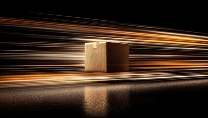 Cardboard box speeds through streaks of light on dark, reflective surface