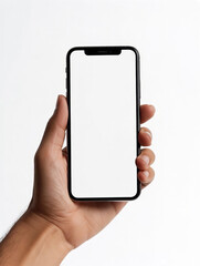 A modern smartphone held in a human hand against a clean white background, featuring a blank white screen ready for mockups, app presentations, or UI design. Minimalist composition 