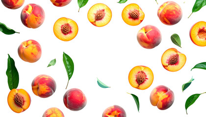 Overhead shot of ripe peaches and leaves arranged against a black background