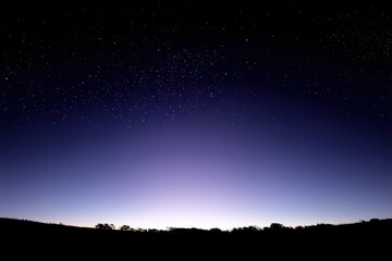 Night Sky Panorama With Star Clusters Above A Dark Silhouette Horizon
