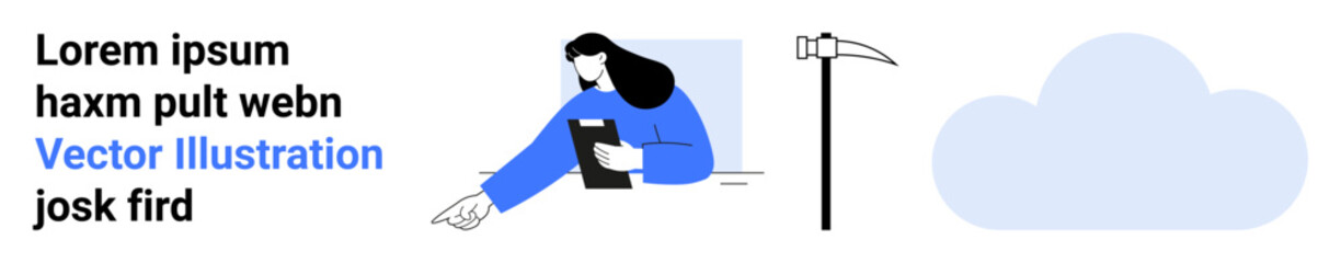 Obraz premium Technology integration, cloud computing, virtual communication, data management, innovation, digital transformation. A woman holding a tablet points toward a cloud and scythe. Cloud computing