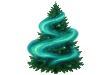 Christmas tree with glowing northern lights swirl, creating a magical winter fantasy scene on transparent background