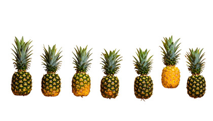Seven fresh pineapples arranged, one ripe, on a black background