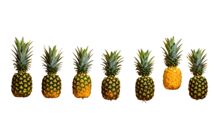 Seven fresh pineapples arranged, one ripe, on a black background