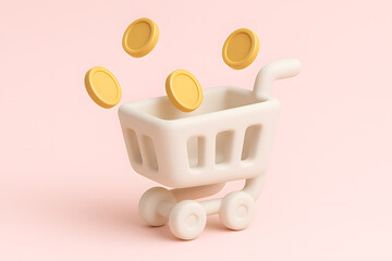 3D Render of a Cute Shopping Cart with Golden Coins Falling into it on a Soft Pink Background, Representing Online Shopping, E-commerce, and Financial Transactions.